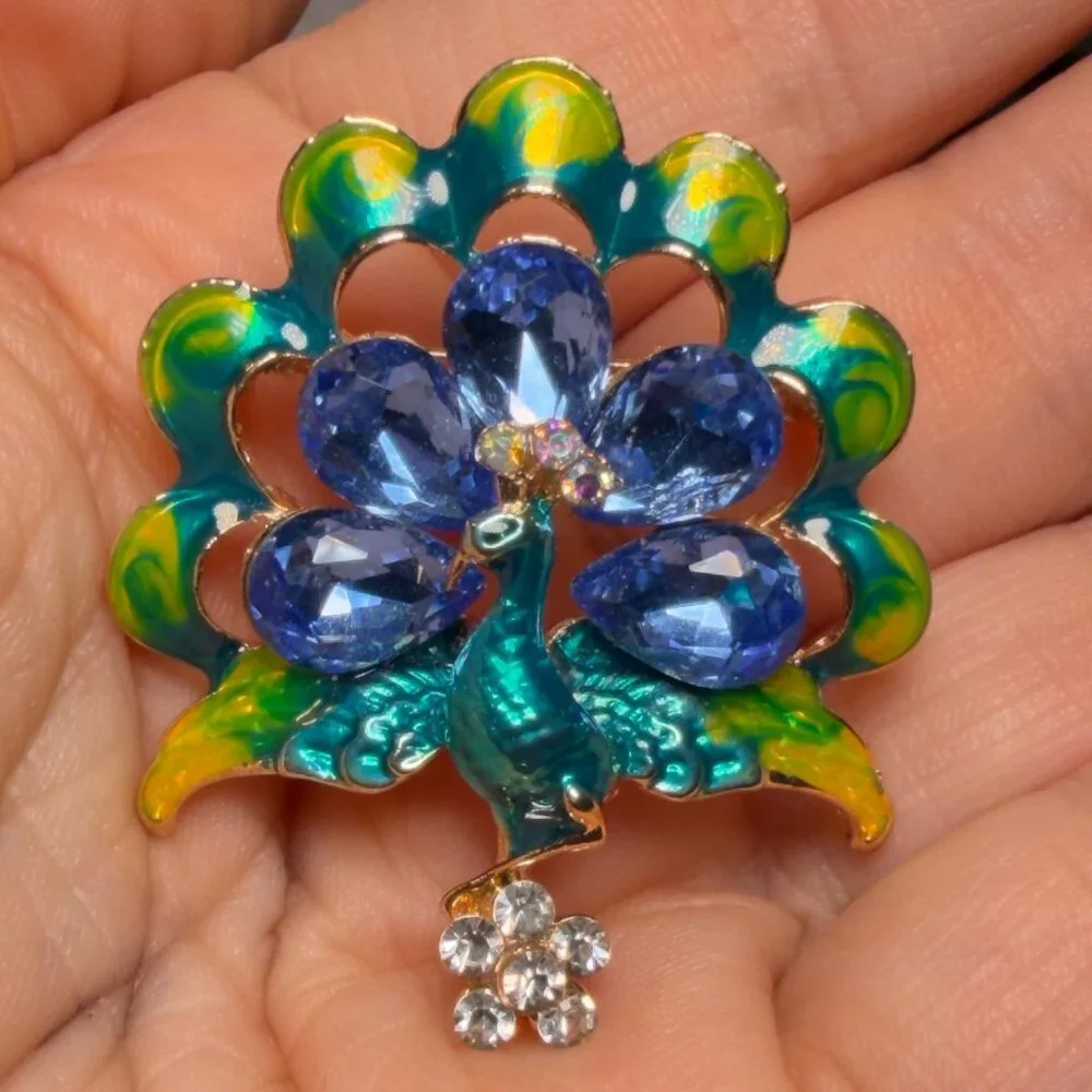 Peacock Brooch Blue Rhinestone Enamel Statement Pin – 1.75”